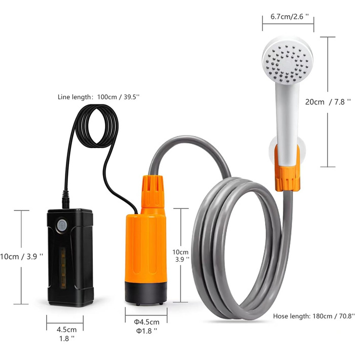 Портативний кемпінговий душ koopsmate, відкритий кемпінговий душ зі світлодіодними ліхтарями, акумуляторна батарея, мобільний душ з душовою лійкою та шлангом, відкритий душ для походів, садова автомийка Orange - дві батареї