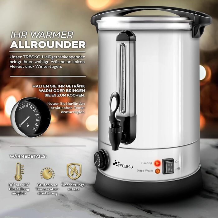 ТRESKO® Електричний казанок для глінтвейну на 30 літрів з нержавіючої сталі, 2500W, автомати для гарячих напоїв, нагрівач води