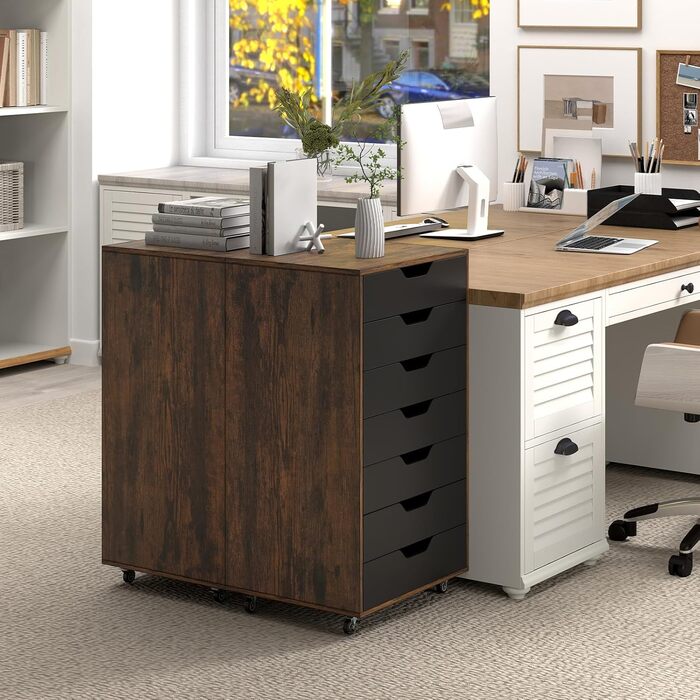 Роликовий контейнер GIANTEX з 5 висувними ящиками, комод на колесах під стіл, офісний шафчик для дому та офісу (білий, чорний + коричневий), 49 x 40 x 87 см