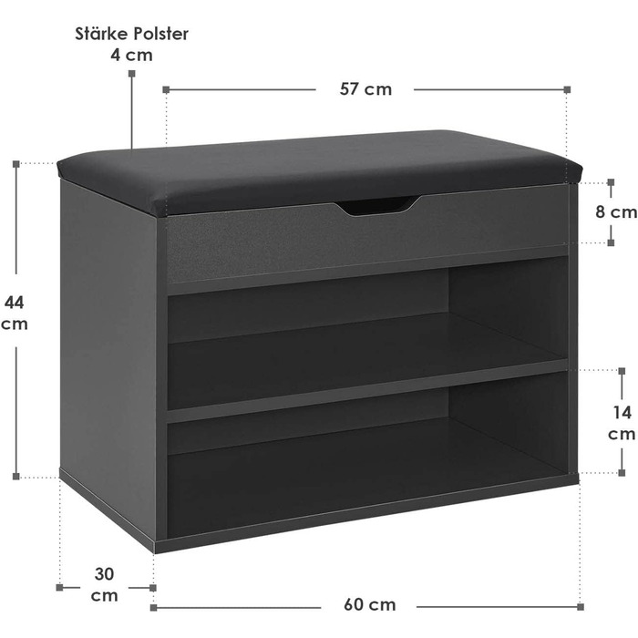 Полиця для взуття з відкидною кришкою та м'яким сидінням 60x30x44 см - Вузька дерев'яна лавка з полицею для взуття та оббивкою Grey-Black