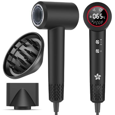 Професійний фен для волосся з дифузором, безщітковий двигун 110 000 об/хв, 400 млн плазмових іонів, низький рівень шуму 57дБ, чорний