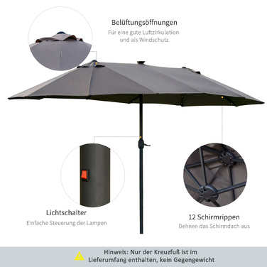 Парасолька Outsunny 440 x 260 см з LED підсвічуванням, подвійна парасолька з ручною рукояткою, овальна парасолька патіо з металу, темно-сірого кольору