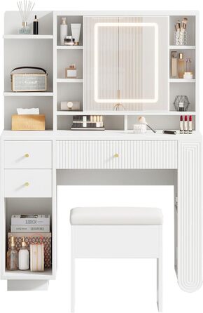 Туалетний столик Merax з дзеркалом та LED-підсвічуванням, з поличкою, 6 шухляд та золотими ручками, білий, 102x100x41.5 см (без табуретки)