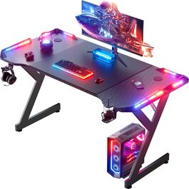 Ігровий стіл HLONONE з LED підсвічуванням, 160 x 60 см, стіл для комп'ютера з карбоновим покриттям, чорний, з тримачем для напоїв та гачком для навушників