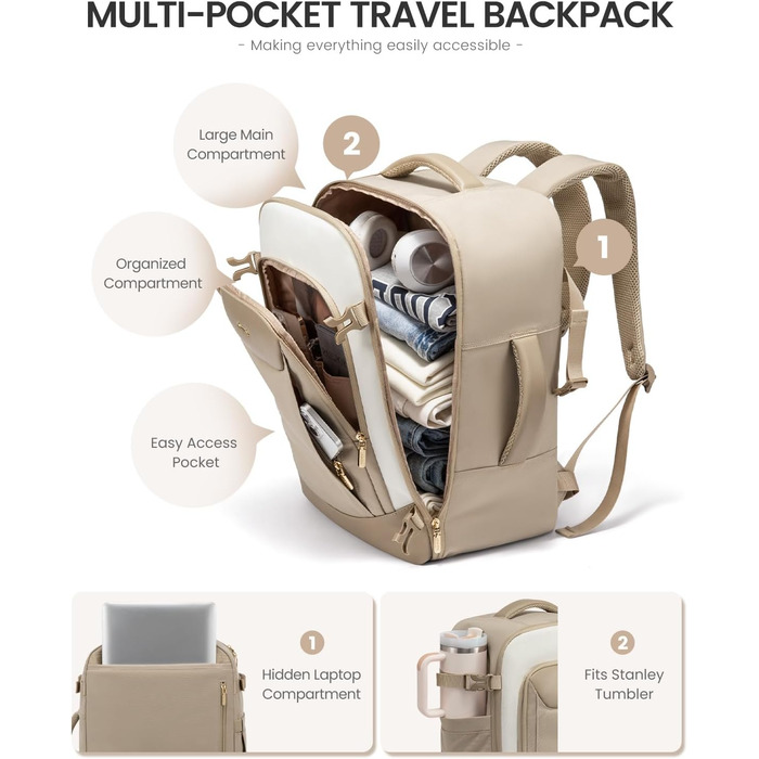 Чоловічий/Жіночий рюкзак OVEVOOK для ручної поклажі в літак, 40л, великий дорожній рюкзак-валіза з відділенням для ноутбука, водонепроникний, для подорожей, ділових поїздок, вихідних (L, Хакі-беж)
