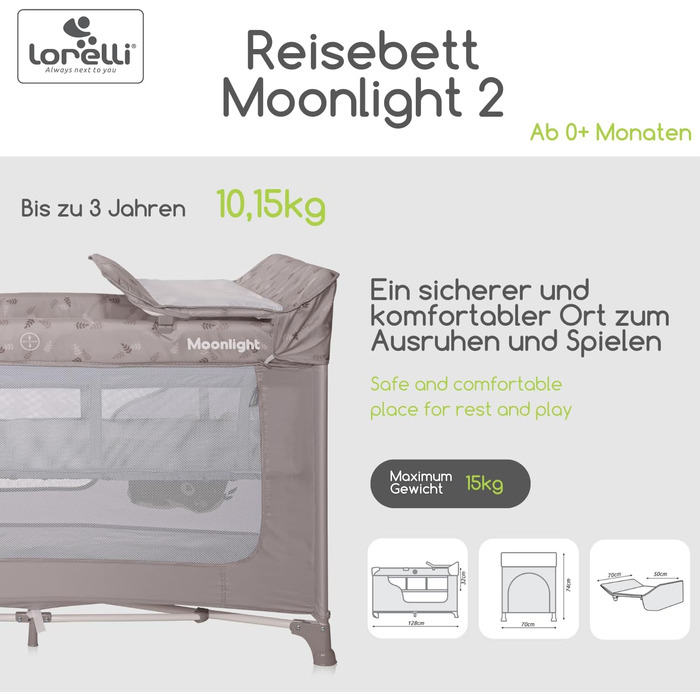 Дитяче ліжечко та манеж Lorelli 3 в 1, Moonlight 2 рівні з боковим входом, ліжечко від народження до 15 кг, складне дитяче дорожнє ліжечко зі вкладишем для новонародженого, пеленальний килимок, коліщатка та сумка, бежевий