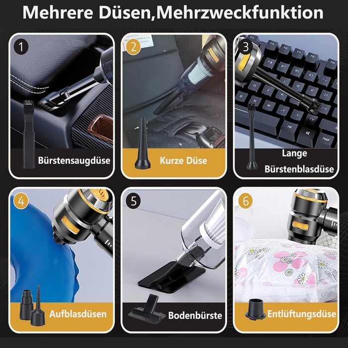 Акумуляторний ручний пилосмок 4-в-1, бездротовий пилосос та електричний обдув 22000Па, 3 режими, для авто, дому, кухні та шерсті тварин, чорний