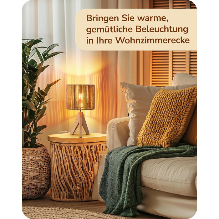 LED настільна лампа EDISHINE з абажуром з ручної роботи та дерев'яною підставкою, тепле світло 2700K, бохо-стиль для спальні, вітальні та готелю, з лампочкою E27 4W, паперовий шнур