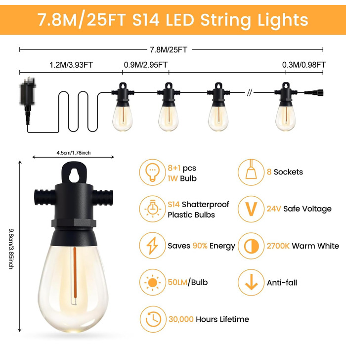LED гірлянда для зовнішнього використання 30м з пультом, S14, 100FT, IP65, 30+2 лампочки, для саду, тераси, балкону, двору, тепле біле світло (2700k, 7.8 м)