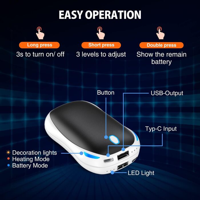 Електричний ручний гріє 5000mAh, 2 шт. - багаторазовий кишеньковий гріє для активного відпочинку, зимовий подарунок для дітей, жінок та чоловіків (чорний)