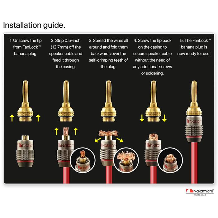 Банан-штекери Nakamichi FanLock 24K з позолоченим покриттям, 10-18 AWG, 4 мм, 24 шт. и (12 пар) для Hi-Fi аудіо