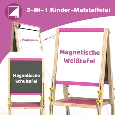 Мольберт для малювання Joyooss для дітей, регульований дерев'яний мольберт для малювання, двосторонній, сухий маркер, з аксесуарами для малювання, подарунок та канцтовари для дітей 4-8 років (РОЖЕВИЙ) 106PINK