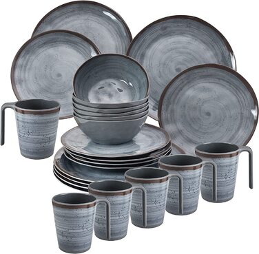 Набір посуду для кемпінгу з меламіну на 6 осіб сірого кольору, 18 частин: тарілки та мисочки. Також доступний набір на 24 частини з чашками