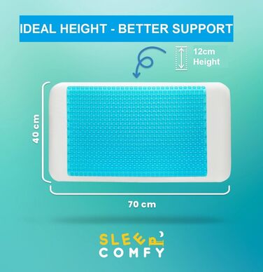 Преміум подушка для сну Comfy з гелевим ефектом та піною з пам'яті. Оптимальна підтримка для тих, хто спить на боці, спині. Розмір 60x40x14/12 см. Гелевий охолоджуючий ефект, знімний чохол. Ортопедична подушка для комфортного сну.