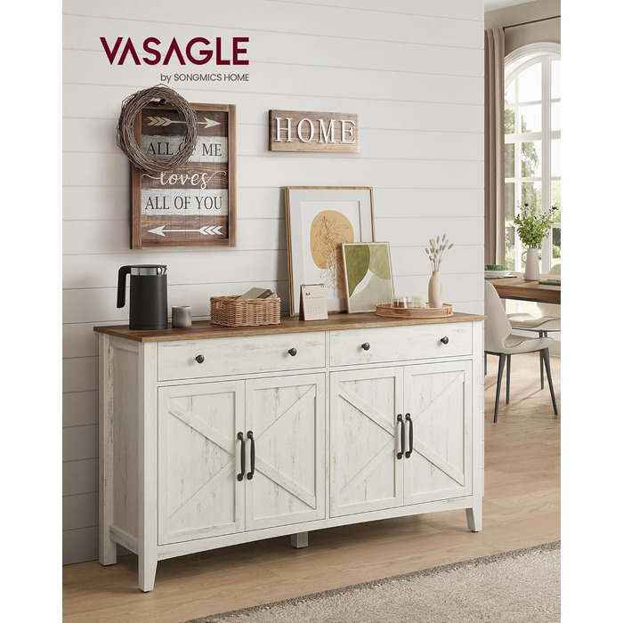 Шафа VASAGLE для кухні, комод з шухлядами, шафа для зберігання з дверцятами, регульована полиця, стиль кантрі, для вітальні, кухні, їдальні, 40 x 140 x 80 см, вінтажний білий + медовий колір BBK381W02