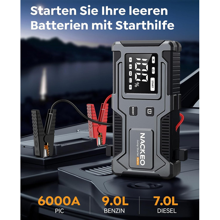 Powerbank Starthilfe 6000A: Зарядний пристрій для автомобіля 12V (до 9L бензин, 7L дизель) з кабелем, LED-лампою та дисплеєм – для SUV, мотоциклів, газонокосарок