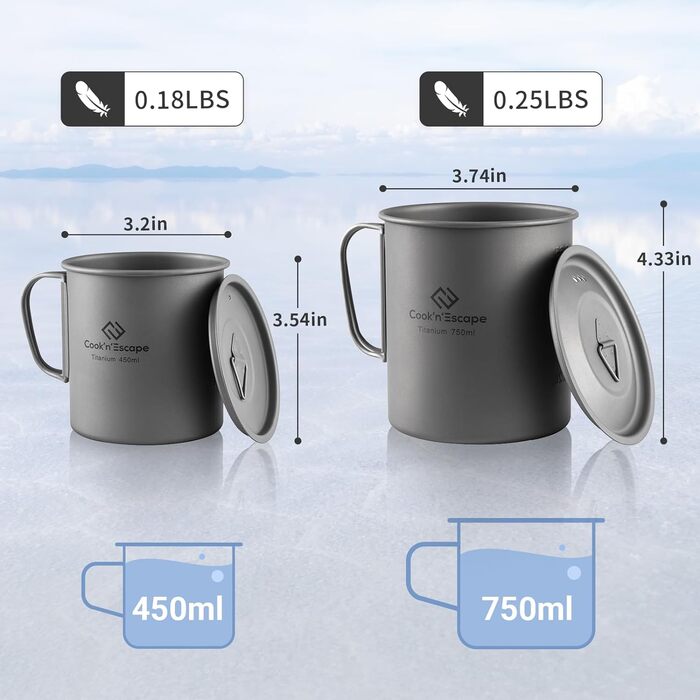 Титанова кемпінгова чашка з кришкою Титанова чашка зі складною ручкою Об'ємний посуд 750 мл Велика місткість, легкий і портативний для пікніка, туристичних рюкзаків на свіжому повітрі. (700 мл, 450 мл)