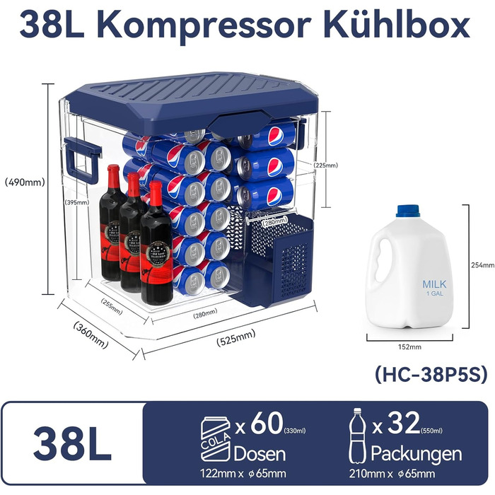 BINGI Kompressor Холодильник для Автомобіля 12/24V/230V, 38л, -18°C до +15°C, Зелений, для Авто, Кемпінгу, Дома
