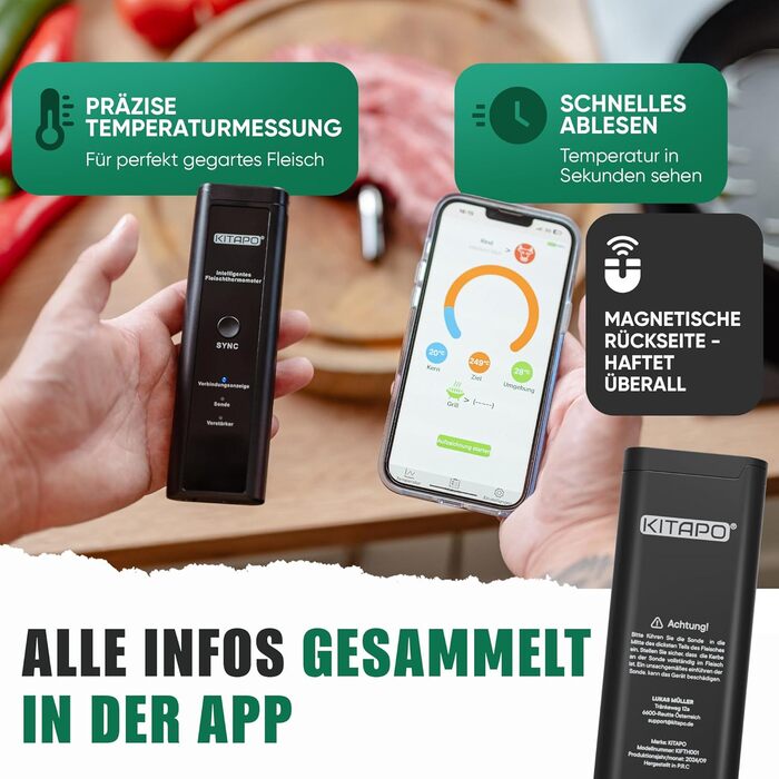 Бездротовий термометр для м'яса з додатком, термометр для гриля, розумний термометр для приготування їжі на кухні та грилі, велика дальність, стійкість до високих температур до 300°C, термометр для приготування, кухонний термометр