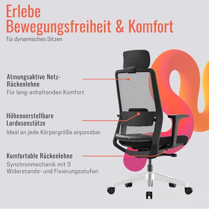 Яса Чейр Плюс: Ергономічне офісне крісло з підголівником, 2D-підтримкою попереку та 4D-підлокітниками | Переможець тесту! До 150 кг, чорний