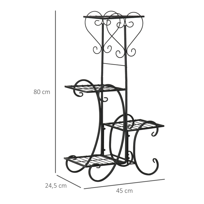 Металевий багатоярусний стійка-підставка для квітів (4 полиці), підставка-сходинки для рослин, для дому, саду та балкона, чорна, 45 x 24,5 x 80 см