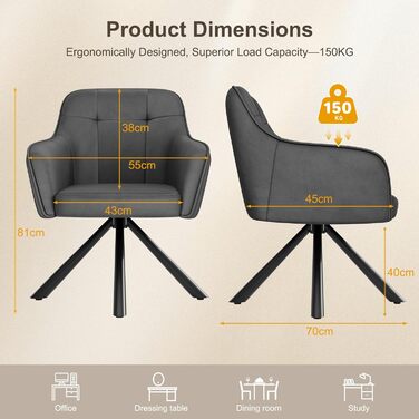 YOUDENOVA Комплект з 2-х обідніх стільців, 360° обертання з підлокітниками, оксамитовий м'який стілець для обідньої кімнати, кухні, вітальні та офісу, стільці для обідньої кімнати темно-сірий, комплект 2 шт.