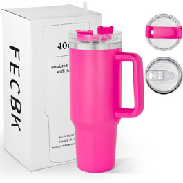 Термокружка FECBK з трубочкою та ручкою, 1,2 л, 100% без витоку, нержавіюча сталь, вакуумна ізоляція, тримає тепло 12 год / холод 34 год, Gepard (Фуксія)