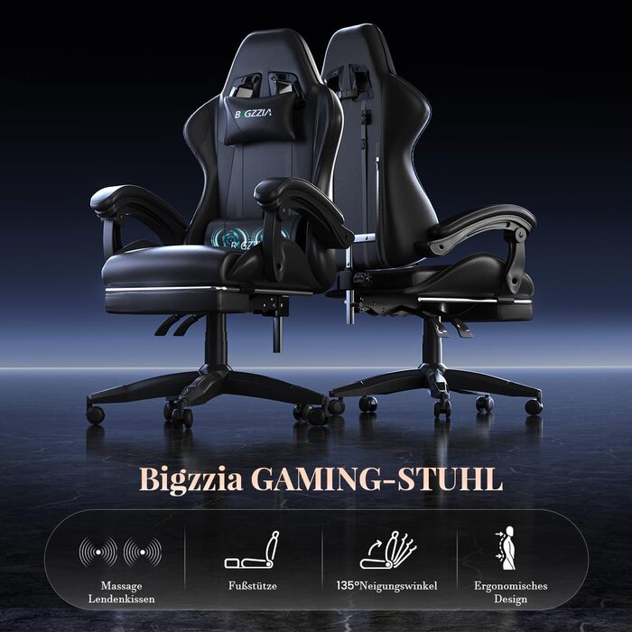 Ігровий крісло Bigzzia з масажем та підніжкою, ергономічний, регульована спинка 90-135°, чорний