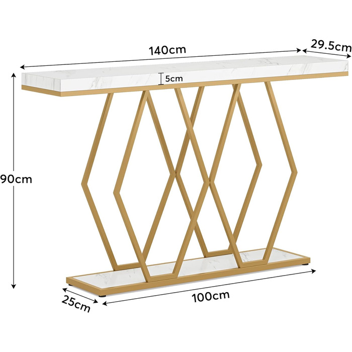 Вузький консольний стіл Tribesigns, 140x30x90 см, білий/золотий, металевий каркас, для передпокою, вітальні, передпокою