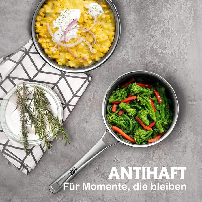 Набір каструль з нержавіючої сталі 10-ти частинний, індукційне дно, антипригарне покриття, 20/24 см сковороди, 1,5/2,5л каструлі з ручками, 5,8л ковшик, 2,8л сотейник, підходить для всіх типів плит, можна використовувати в духовці та мити в посудомийній м