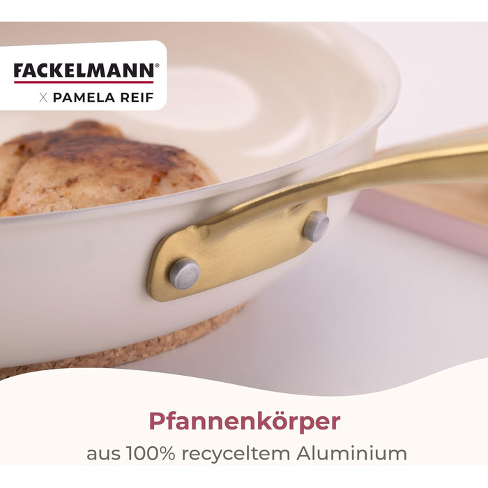 Набір сковорідок FACKELMANN x Pamela Reif, 3 шт. (діаметр 20-24-28 см) – з переробленого алюмінію, пастельно-бежевий, керамічне покриття без PFAS, стійке до 160 °C, для всіх типів плит
