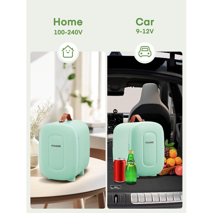 Міні холодильник FOHERE 5 літрів / 6 банок, USB живлення, 220V AC/12V DC, для напоїв та догляду за шкірою, білий (зелений)