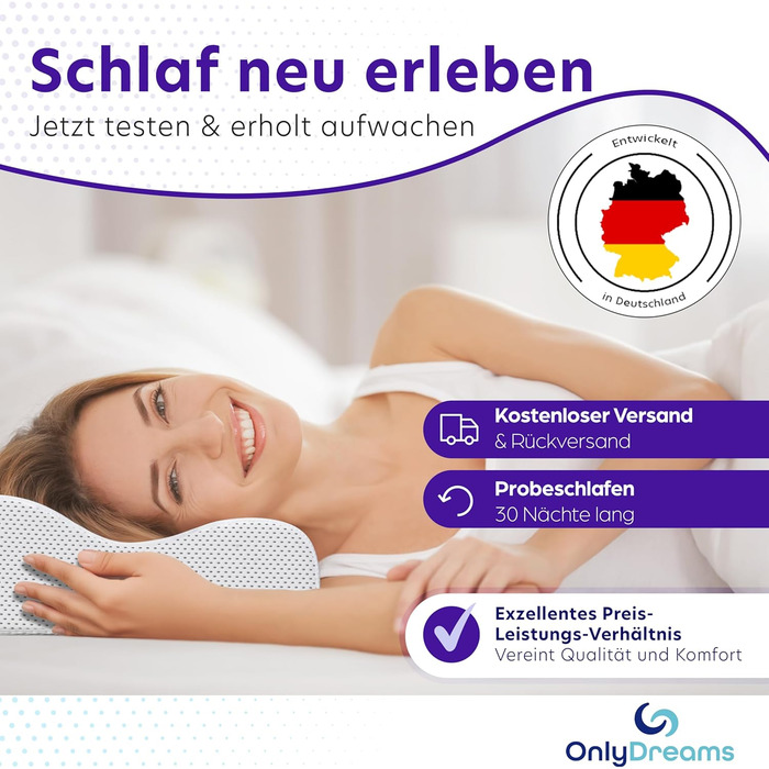 Ортопедична подушка для шиї OnlyDreams з гелевим шаром | Регульована висота + вибір жорсткості | Чохол з алое вера | Підходить для сну на спині, животі та боці - Оeko-TEX® (Memory Foam, 60x32x12/10 см)