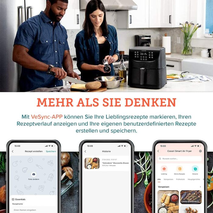 Фритюрниця та мультиварка COSORI з 13 програмами, 1500 Вт, мультипіч XL для 1-3 осіб, 100 німецьких буклетів з рецептами, цифровий екран одним дотиком, попередній розігрів і підтримання тепла, режим струшування
