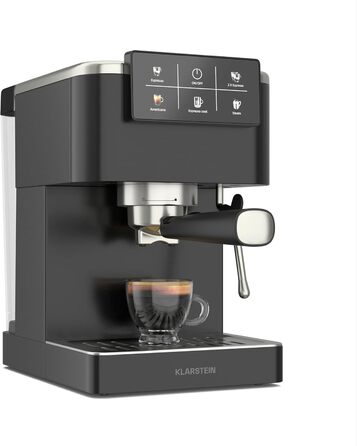 Klarstein SteelPresso Touch: Еспресо-машина з нержавіючої сталі, 20 бар, 1350 Вт, з інтегрованим капучинатором та сенсорним дисплеєм. Компактна кавомашина Klarstein чорного кольору.