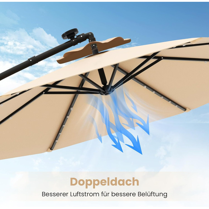 Парасолька від сонця COSTWAY 300 см з підставкою та LED-підсвіткою, бежева — садова парасолька-ампел з ручкою-коробкою та UV-захистом для тераси, басейну та двору