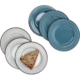 Синьо-білий набір з 6 тарілок для торта I Ø 20,5 см I Керамогранітні тарілки для сніданку з алмазним рельєфом на 6 персон I Маленькі тарілки для сніданку, обіду, кави та вечері