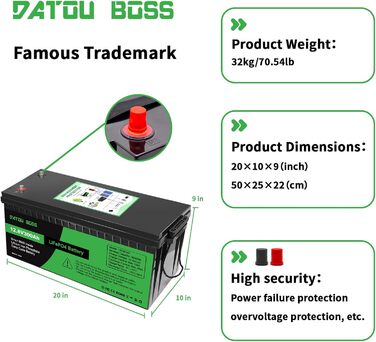 Акумулятор DATOUBOSS 12V 300Ah LiFePO4, 200A BMS, 8000 циклів, 3840 Вт, для сонячної батареї, автофургону, автономного живлення