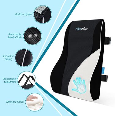 Подушка для попереку Niceeday для офісного крісла/автомобіля, з memory foam, ортопедична підтримка попереку 3D-сіткою, чорна