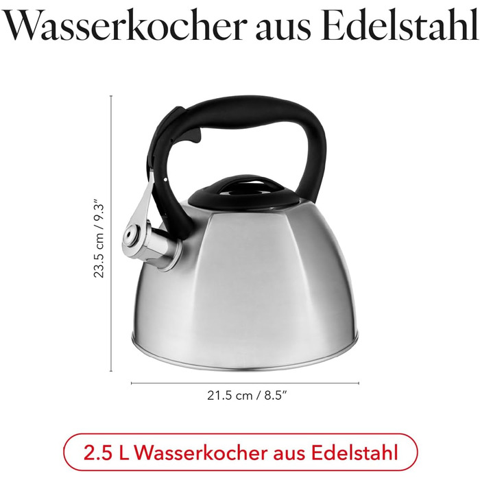 Чайник FLORINA Fenny Satin Induktion 2.5L з флейтою, нержавіюча сталь, Cool-Touch, сучасний дизайн, срібний (Dakota)