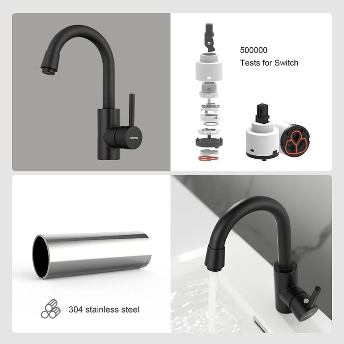 Змішувач для ванної кімнати GRIFEMA - поворотний на 360°, одноlever, нержавіюча сталь, 180 мм, гаряча та холодна вода, економія води, проста установка, з'єднання 3/8″, для гостьового туалету, G1002A (Чорний)