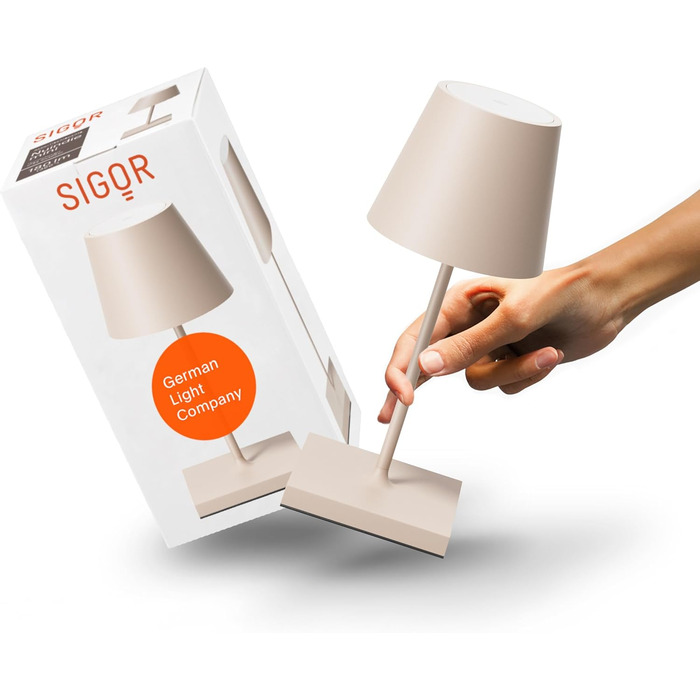 SIGOR Nuindie 2.0 Mini: LED-лампа на акумуляторі, 25 см, IP54, USB-C, 12 годин роботи, пісочний колір