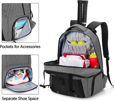Тенісний рюкзак DSLEAF на 2 ракетки, Тенісна сумка з окремим провітрюваним місцем для взуття для ракеток для тенісу / піклболу / бадмінтону / сквошу та аксесуарів Сірий