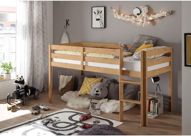 Зі сходами та лежачою поверхнею 90 х 200 см - Компактні дитячі полиці з масиву сосни, білі - 97 x 113 x 207 см (W/H/D) (Натуральна сосна, ліжко)