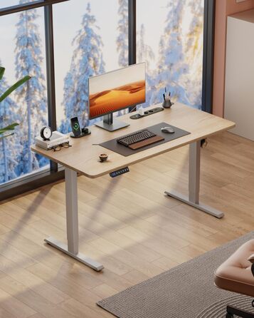 Регульований стіл з підняттям, USB-зарядкою та розеткою, 100 x 60 см. Електричний стіл, регульований комп'ютерний стіл з пам'яттю 3-х функцій, білий (горіх, 100 x 60 см)