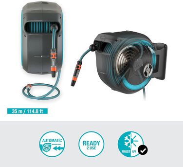Шланг садовий Gardena RollUp XL (блакитний) 35 м: гнучкий полив для великих садів, поворотна коробка для шланга, з шлангом Gardena 35 м та монтажними аксесуарами (18630-20)
