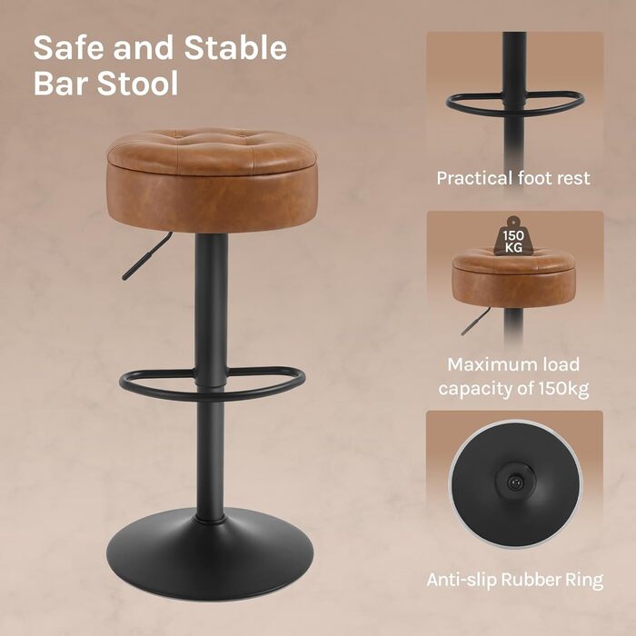 Барні стільці WOLTU 2 шт. з місцем для зберігання, регульовані по висоті, 360° обертання, для кухонної вишки, їдальні, бару, кухні, вітальні, штучна шкіра, метал, коричневий, вінтажний стиль