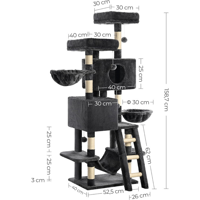 Котяче дерево 160 см, 2 платформи, 2 дупла, 2 кошики, гамак, плюшеві м'ячі, сходи з сизалю, дим сірий