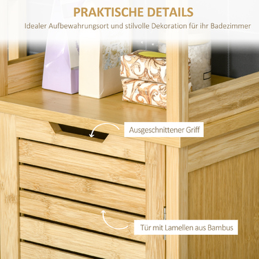 Шафа Kleankin Badschrank Bambus, 34 x 30 x 173 см, з 3 відкритими полицями та 1 шафкою, захист від перекидання, отвір для ручки, вільного стояння, для маленьких приміщень, натуральний колір | Aosom