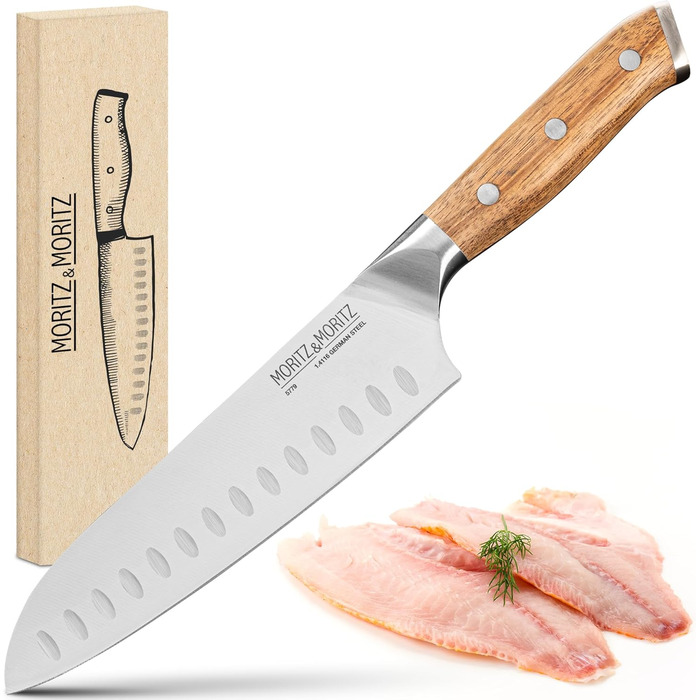 Ніж кухарський Moritz & Moritz 20 см з дамаської сталі 67 шарів - професійний ніж для кухні з ергономічною ручкою з акації